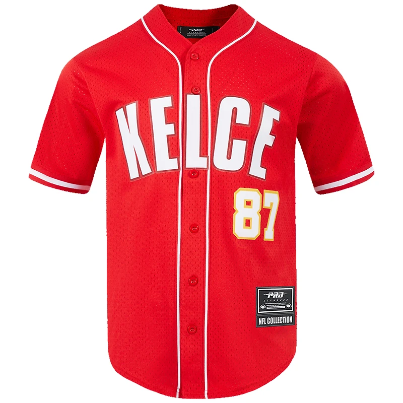 Men's Pro Standard Travis Kelce Red Kansas City Chiefs Mesh Button-Up Baseball Jersey
