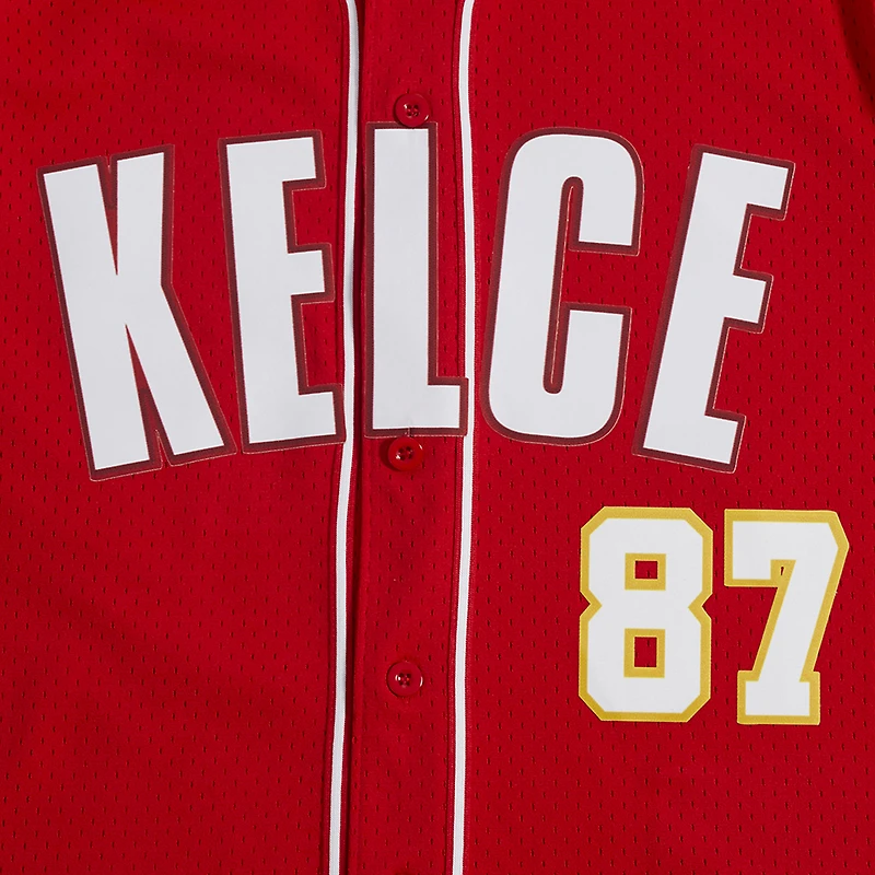 Men's Pro Standard Travis Kelce Red Kansas City Chiefs Mesh Button-Up Baseball Jersey