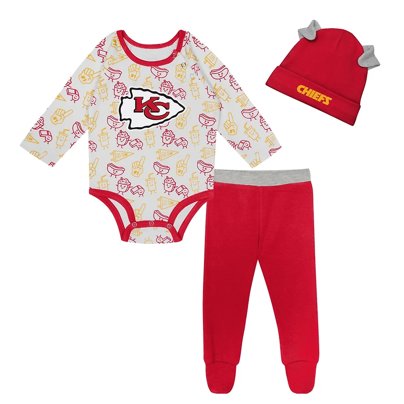 Ensemble 3 pièces avec body à manches longues, pantalon et bonnet en tricot revers Little Champ des Chiefs de Kansas City pour nouveau-nés nourrissons