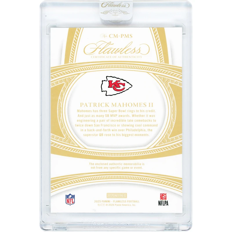 Patrick Mahomes Kansas City Chiefs 2025 Panini Flawless Holo Gold Career Milestones Dual Tri-Color Relics #CM-PMS #14/15 Card