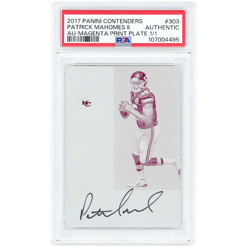 Carte de recrue autographiée de Patrick Mahomes (Kansas City Chiefs), série Panini Contenders 2017, plaque d'impression magenta n° 303, authentifiée PSA, numéro 1/1