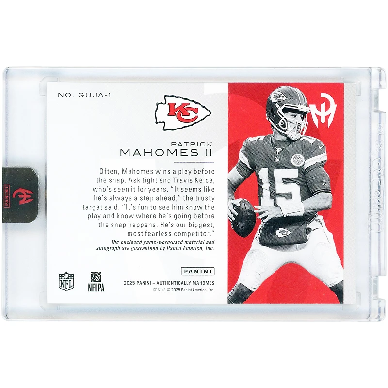 Patrick Mahomes Kansas City Chiefs Autographed 2025 Panini Authentically Mahomes Game-Used Jersey Relic #GUJA-1 #5/10 Card