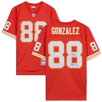 Maillot réplique rouge Mitchell & Ness autographié par Tony Gonzalez, joueur des Kansas City Chiefs, avec inscription « HOF 19 ».