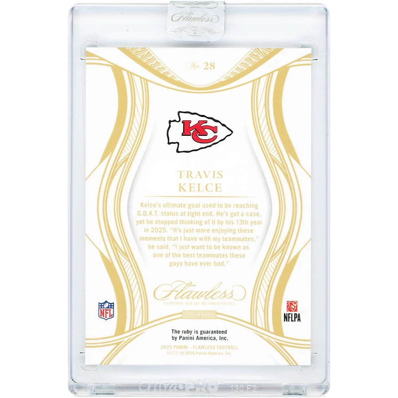 Carte Travis Kelce Kansas City Chiefs 2025 Panini Flawless Ruby Jewel Relic n° 28 n° 4/25