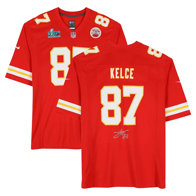 Maillot de match Nike rouge dédicacé par Travis Kelce des Kansas City Chiefs pour le Super Bowl LVII
