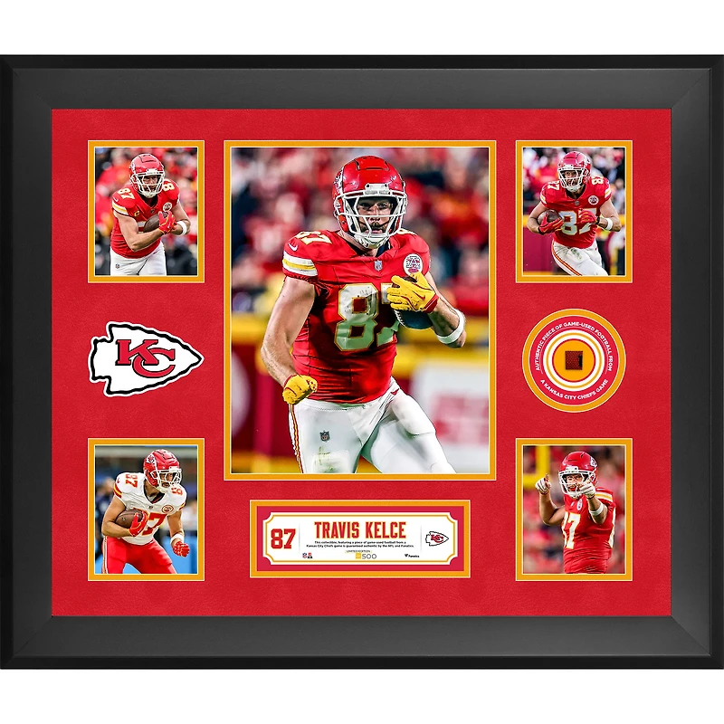 Collage encadré de 5 photos de Travis Kelce (Kansas City Chiefs) avec un morceau de ballon de football américain utilisé lors d'un match - Édition limitée à 500 exemplaires