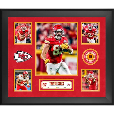 Collage encadré de 5 photos de Travis Kelce (Kansas City Chiefs) avec un morceau de ballon de football américain utilisé lors d'un match - Édition limitée à 500 exemplaires