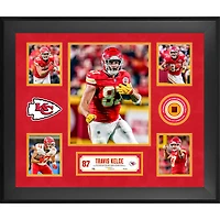 Collage encadré de 5 photos de Travis Kelce (Kansas City Chiefs) avec un morceau de ballon de football américain utilisé lors d'un match - Édition limitée à 500 exemplaires