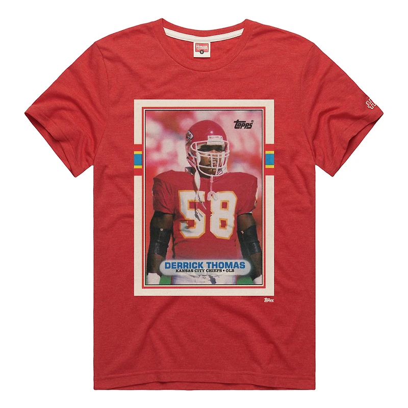 T-shirt unisexe en mélange de trois matières, hommage à Derrick Thomas, Kansas City Chiefs, rouge, inspiré des cartes collectionner NFL Topps.