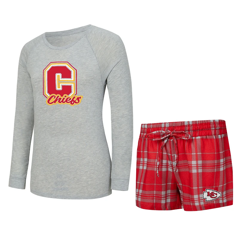 Ensemble de nuit pour femme Concepts Sport gris chiné/rouge Kansas City Chiefs Regulate Plaid avec t-shirt à manches longues et short