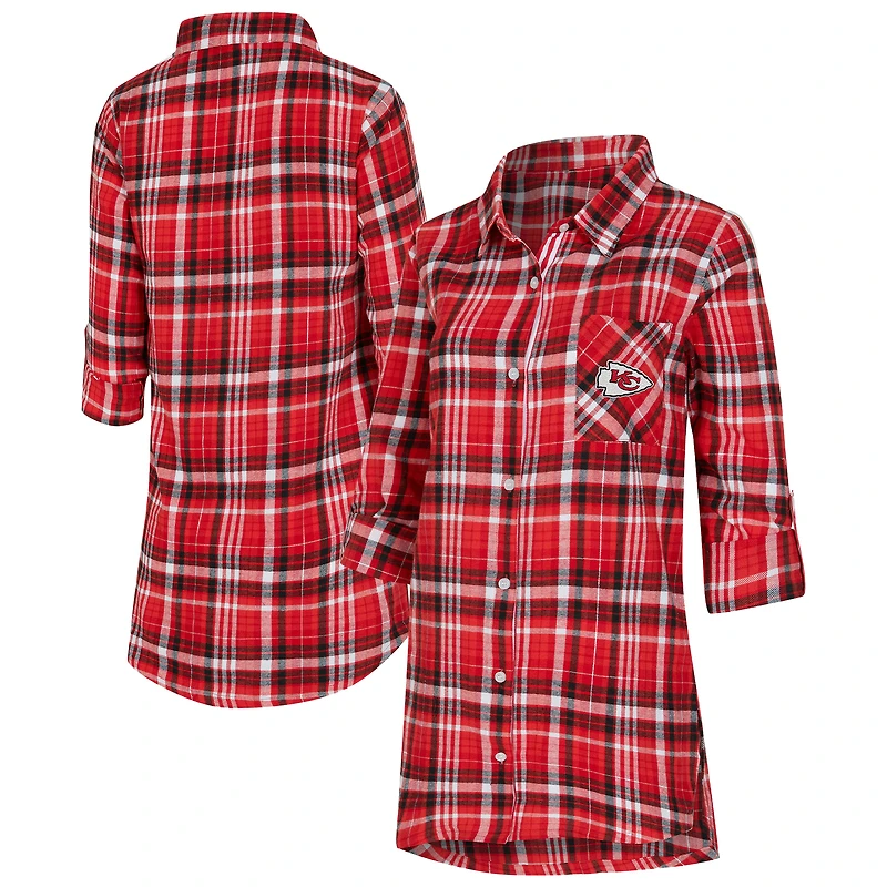 Chemise de nuit à carreaux rouges Kansas City Chiefs Laney pour femme, modèle Concepts Sport, boutons.