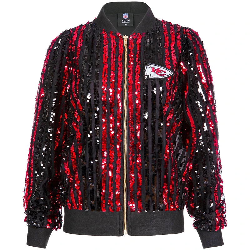 Blouson aviateur zippé à rayures et sequins pour femme, coupe ajustée, rouge cuce, des Kansas City Chiefs