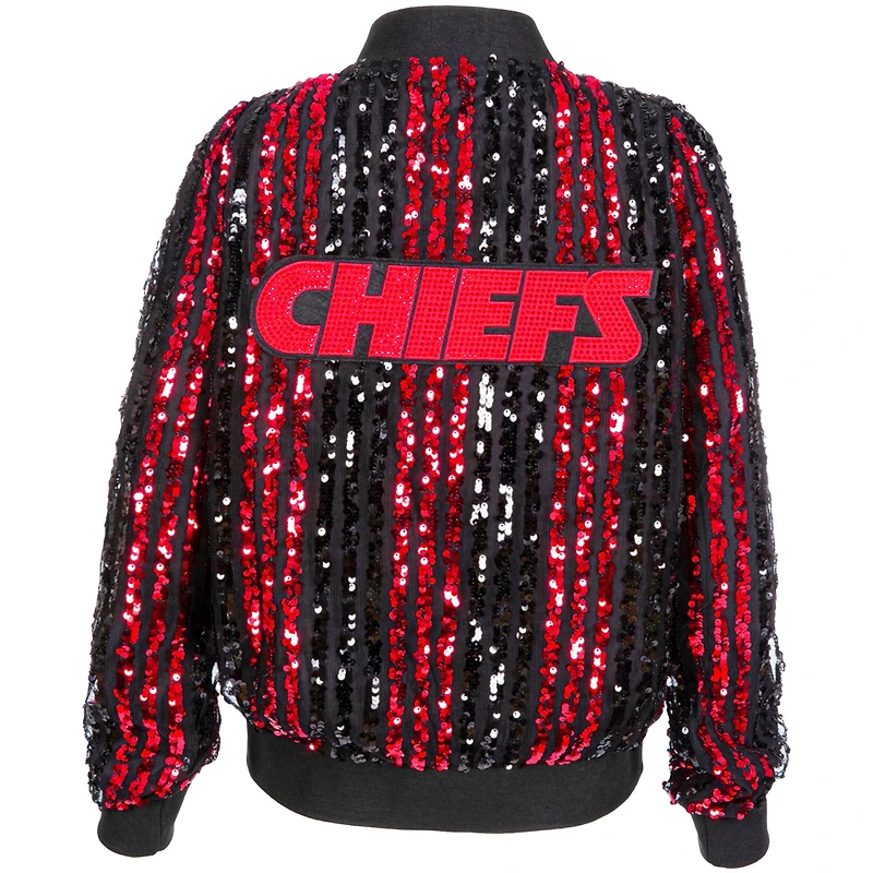 Blouson aviateur zippé à rayures et sequins pour femme, coupe ajustée, rouge cuce, des Kansas City Chiefs