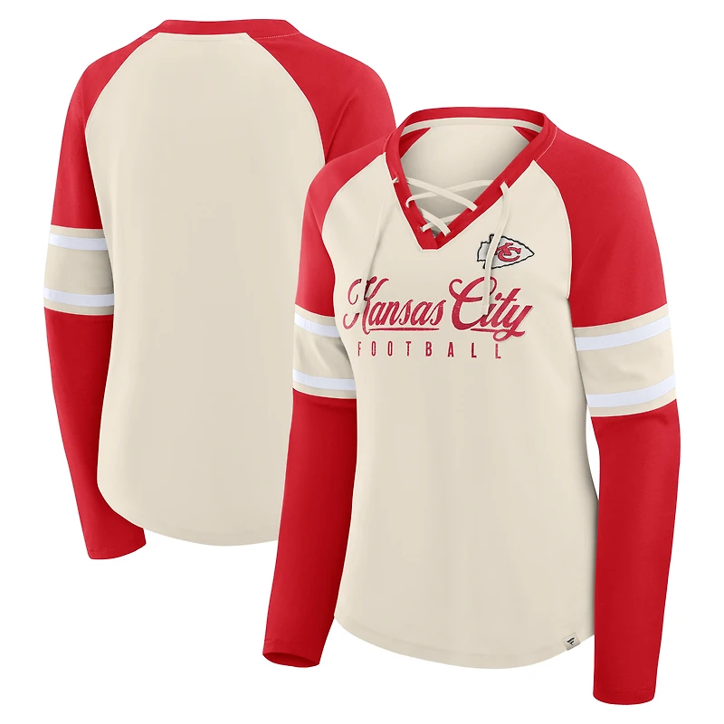 Women's Fanatics Cream/Red Kansas City Chiefs Gridiron Hero Raglan Lace-Up V-Neck Long Sleeve T-Shirt