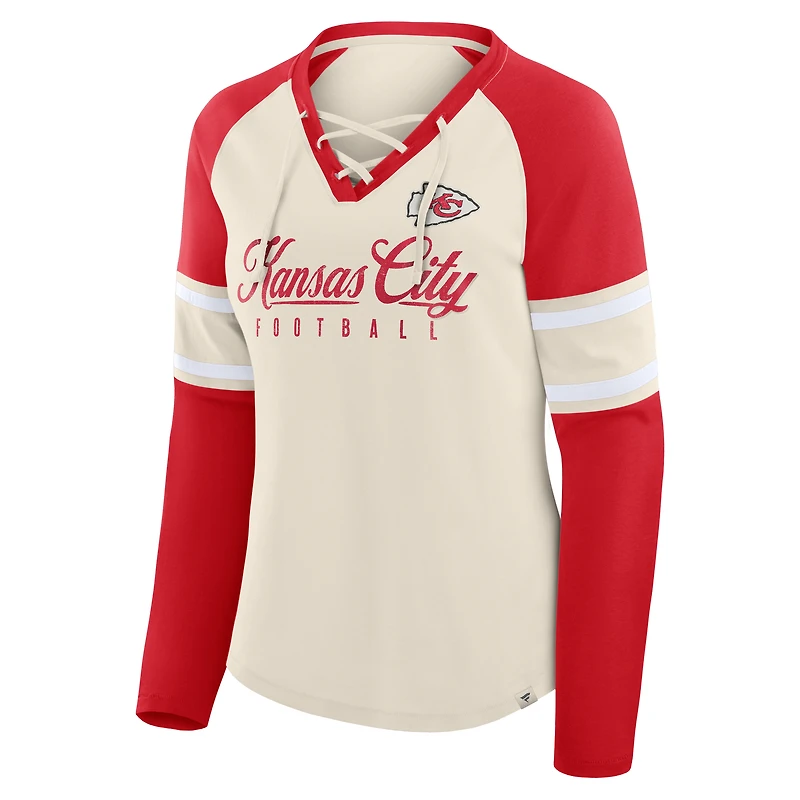 Women's Fanatics Cream/Red Kansas City Chiefs Gridiron Hero Raglan Lace-Up V-Neck Long Sleeve T-Shirt