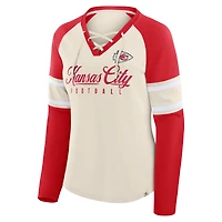 Women's Fanatics Cream/Red Kansas City Chiefs Gridiron Hero Raglan Lace-Up V-Neck Long Sleeve T-Shirt