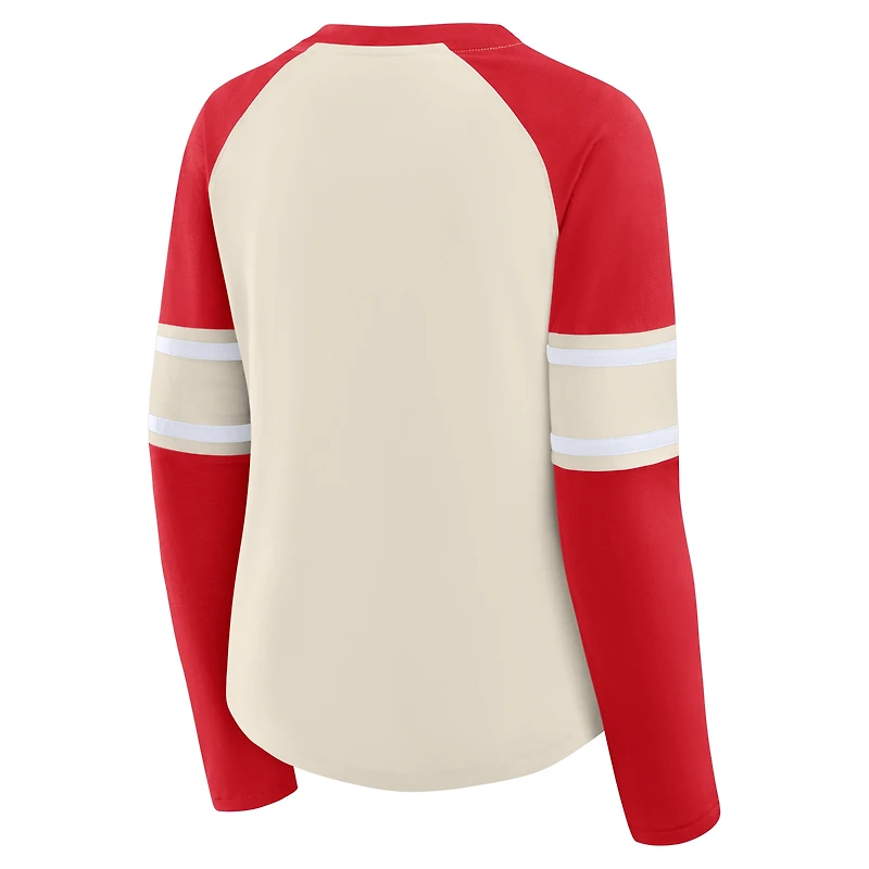 Women's Fanatics Cream/Red Kansas City Chiefs Gridiron Hero Raglan Lace-Up V-Neck Long Sleeve T-Shirt