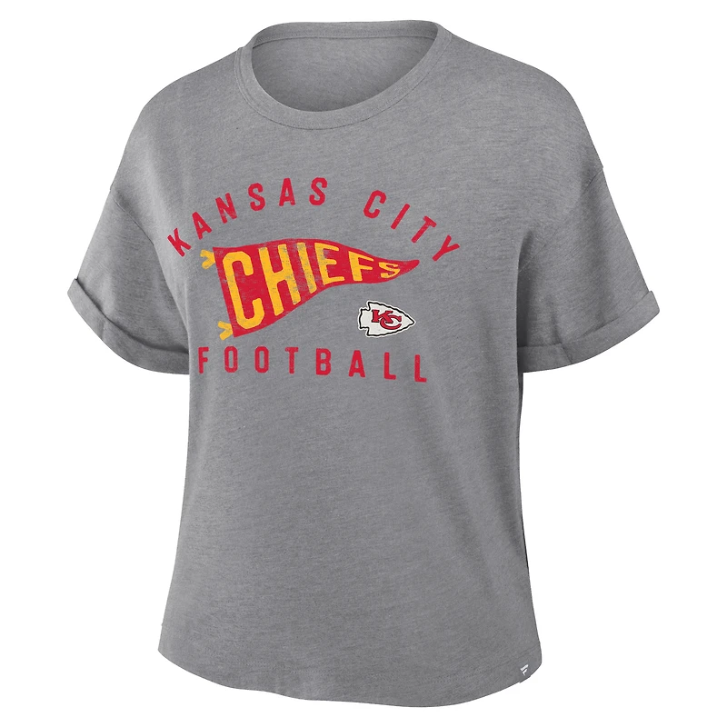 Women's Fanatics Heather Gray Kansas City Chiefs Pennant Wave Tribute Tri-Blend Boxy T-Shirt