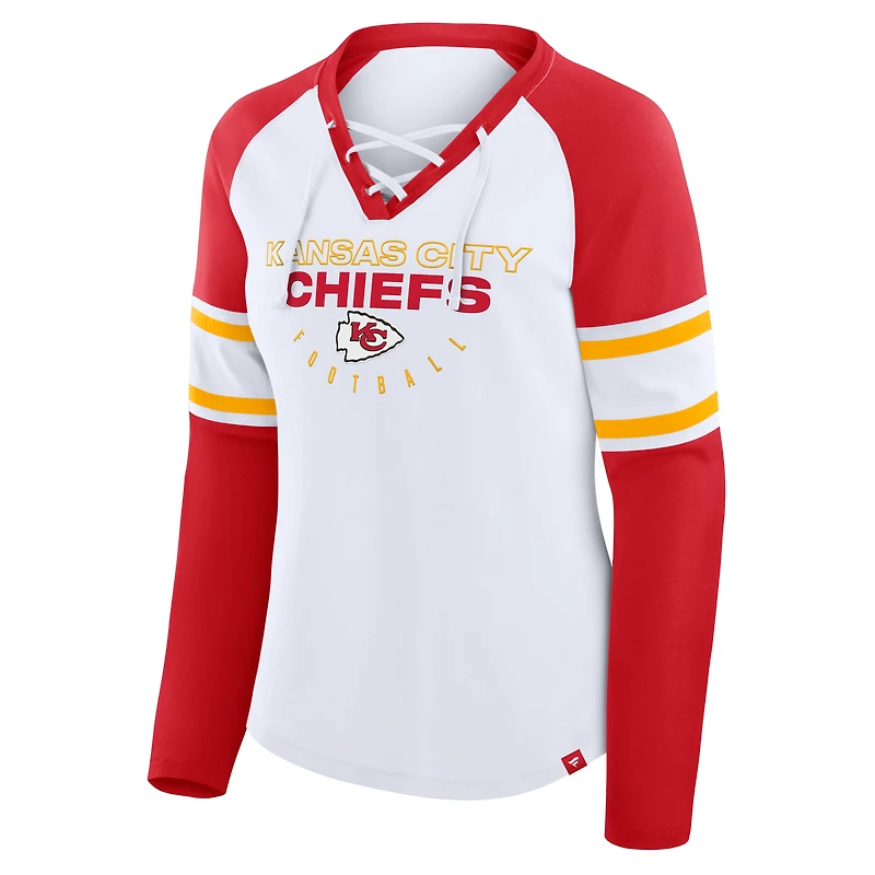 T-shirt à manches longues et col en V lacets pour femme, blanc/rouge, avec logo Redzone Blitz Package des Chiefs de Kansas City