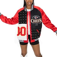 Veste bomber surdimensionnée rouge/noire Gameday Couture pour femme des Kansas City Chiefs avec strass et boutons-pression