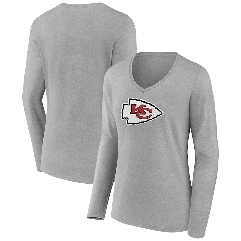 Women's Gray Kansas City Chiefs Primary Logo Long Sleeve V-Neck T-Shirt
