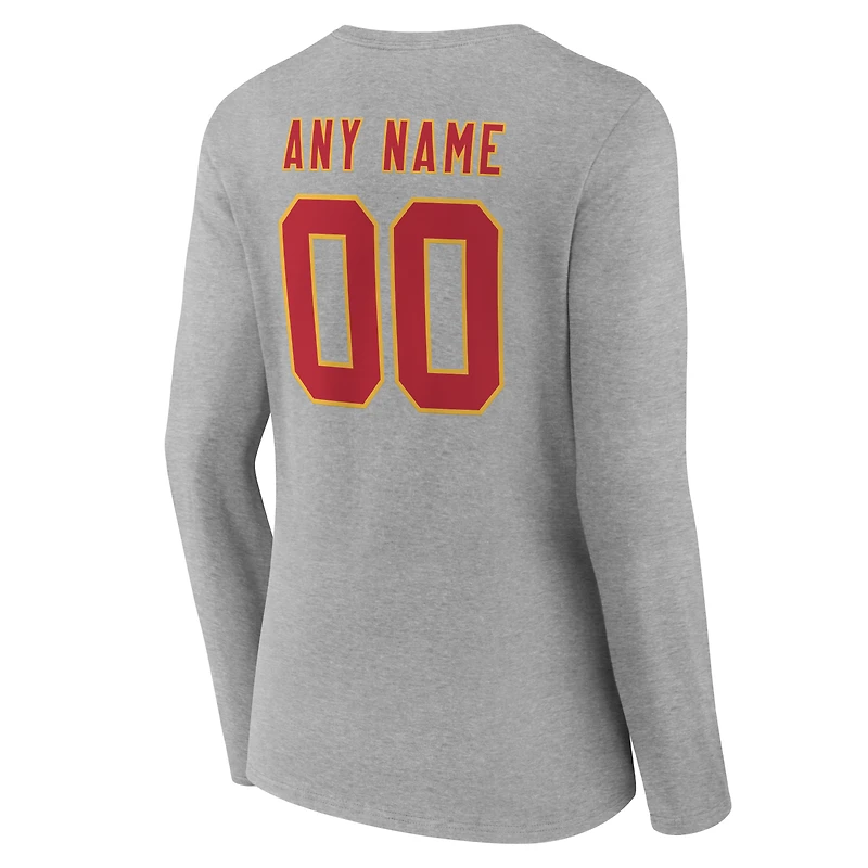 T-shirt à manches longues et col en V authentique personnalisé avec nom numéro des Kansas City Chiefs pour femmes, gris