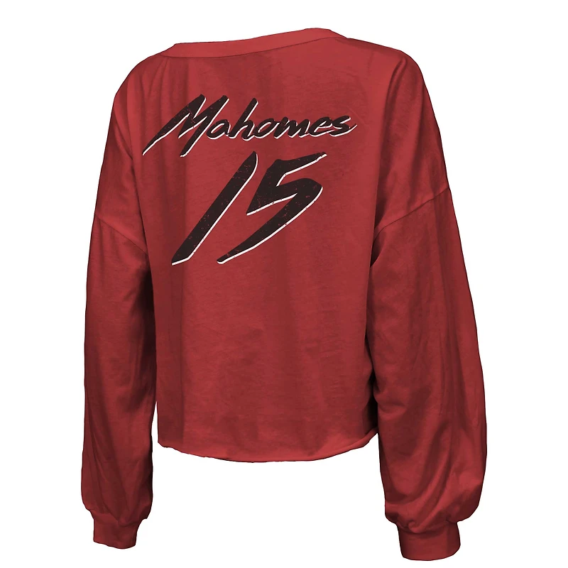 T-shirt court à manches longues et col en V pour femme Majestic Threads Patrick Mahomes, rouge, avec nom numéro des Kansas City Chiefs, épaules dénudées, coupe décontractée