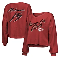 T-shirt court à manches longues et col en V pour femme Majestic Threads Patrick Mahomes, rouge, avec nom numéro des Kansas City Chiefs, épaules dénudées, coupe décontractée