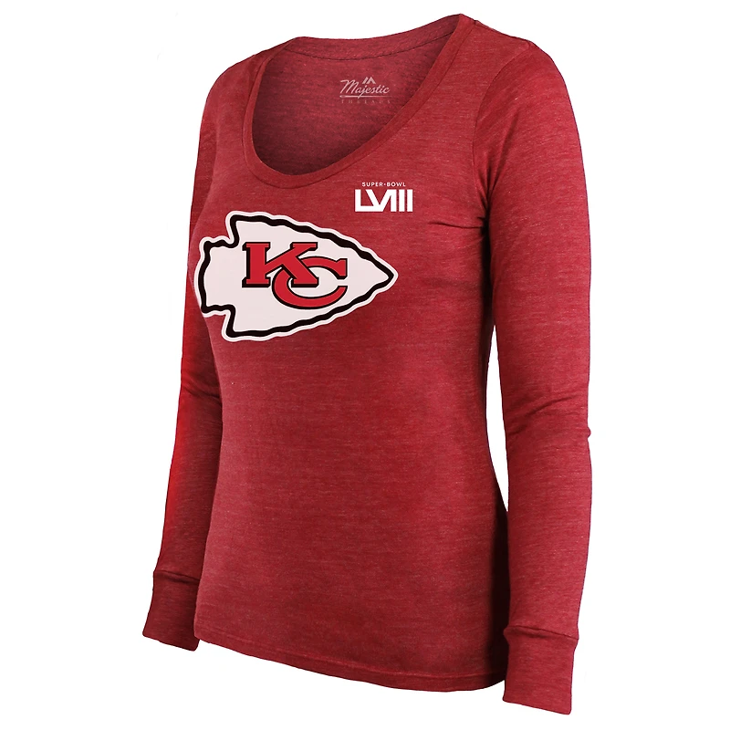 Majestic Threads pour femmes Patrick Mahomes Rouge Kansas City Chiefs Super Bowl LVIII Scoop Nom et numéro Tri-Blend T-shirt à manches longues