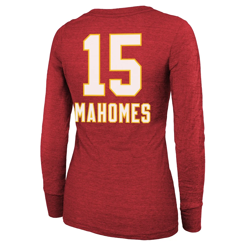 Majestic Threads pour femmes Patrick Mahomes Rouge Kansas City Chiefs Super Bowl LVIII Scoop Nom et numéro Tri-Blend T-shirt à manches longues