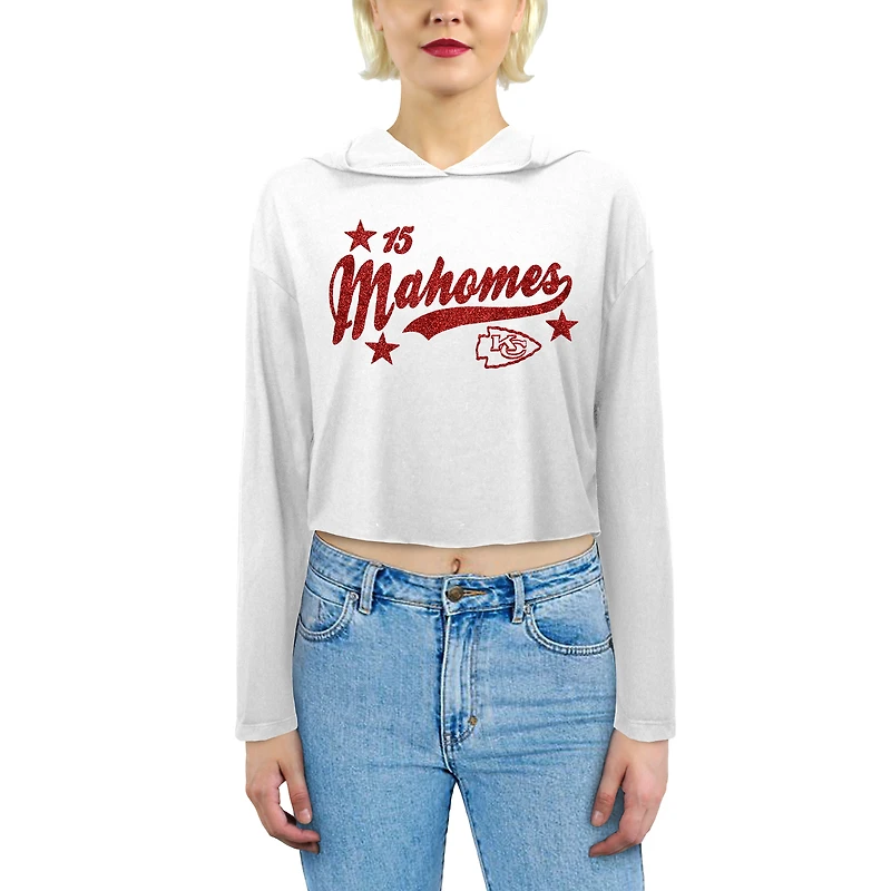 Sweat à capuche Majestic Threads pour femme, modèle Patrick Mahomes, blanc, Kansas City Chiefs, avec logo pailleté.