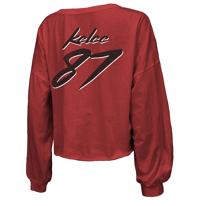 Women's Majestic Threads Travis Kelce Red Kansas City Chiefs Name & Number Off-Shoulder Script Cropped Long Sleeve V-Neck T-Shirt