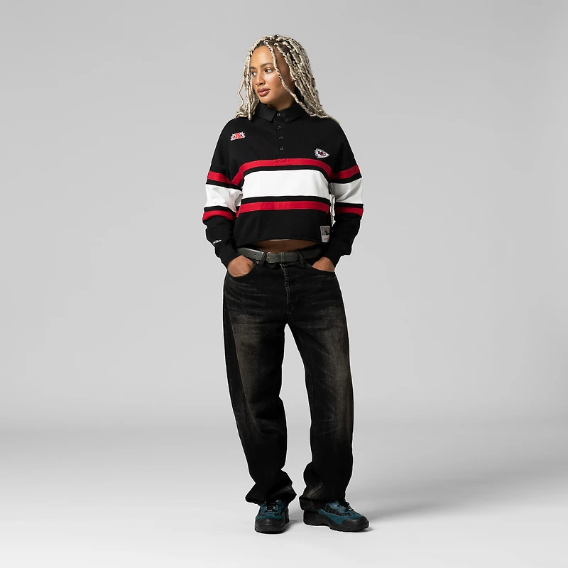 Polo de rugby court à manches longues Mitchell & Ness noir Kansas City Chiefs pour femme