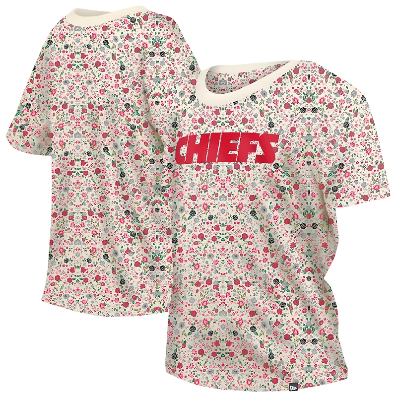 T-shirt à col rond floral Glam Game de Kansas City Chiefs New Era pour femme, couleur crème