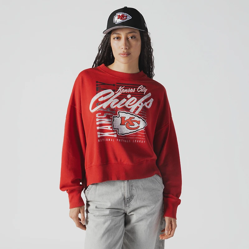 Women's New Era Red Kansas City Chiefs Oversized Throwback Mineral Wash Crew Neck Sweatshirt