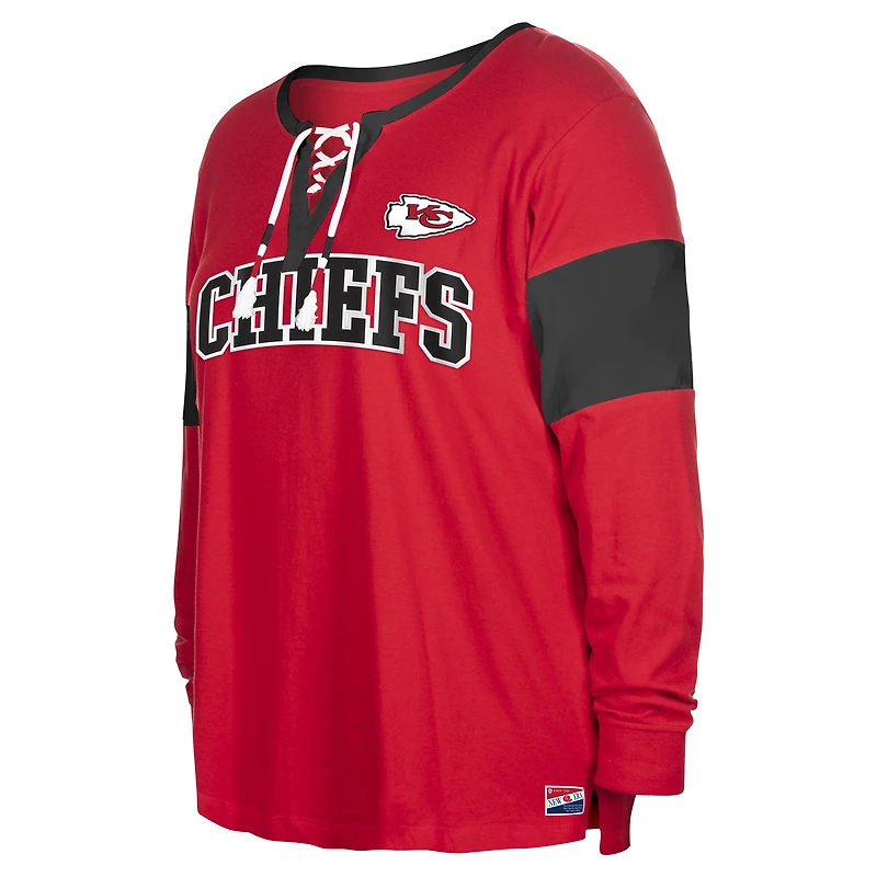 T-shirt à manches longues et col cranté lacets pour femme New Era rouge Kansas City Chiefs grande taille