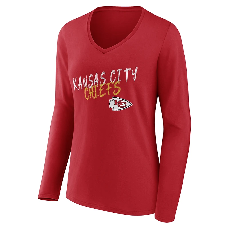 Women's Red Kansas City Chiefs Hustle Personalized Name & Number Long Sleeve V-Neck T-Shirt