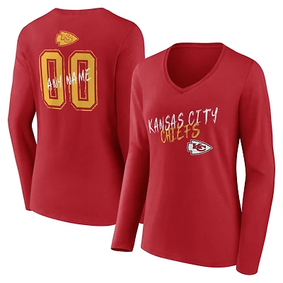 T-shirt à manches longues et col en V personnalisé avec nom numéro des Kansas City Chiefs, rouge, pour femmes