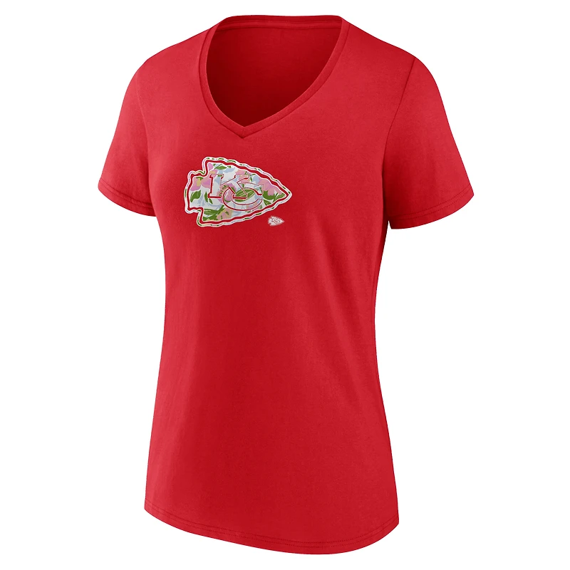 T-shirt à col en V rouge pour femme, motif floral numéro 1 des Kansas City Chiefs