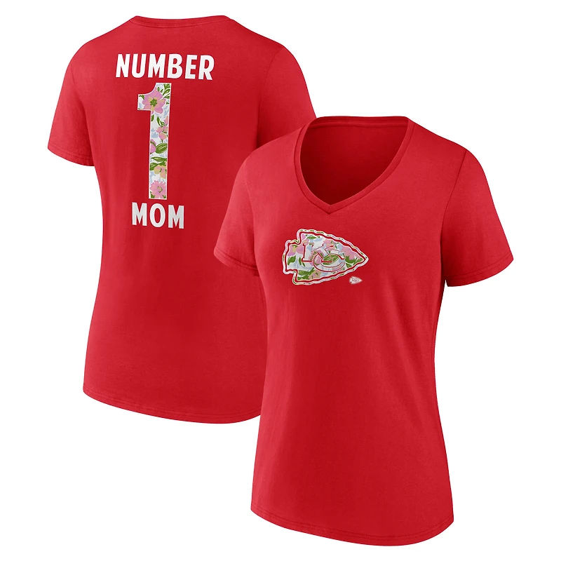 T-shirt à col en V rouge pour femme, motif floral numéro 1 des Kansas City Chiefs
