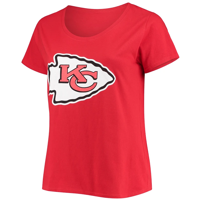 T-shirt à col rond pour femme Travis Kelce Red Kansas City Chiefs avec nom et numéro Fair Catch, grande taille