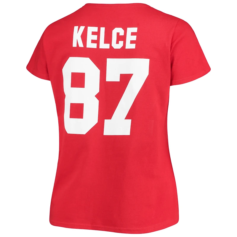 T-shirt à col rond pour femme Travis Kelce Red Kansas City Chiefs avec nom et numéro Fair Catch, grande taille