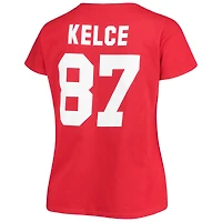 T-shirt à col rond pour femme Travis Kelce Red Kansas City Chiefs avec nom et numéro Fair Catch, grande taille