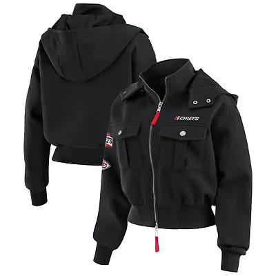 Women's WEAR by Erin Andrews  Black Kansas City Chiefs Tri-Blend Patch Pocket Cropped Full-Zip Bomber Hoodie Jacket