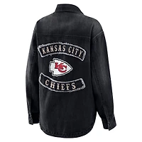 Women's WEAR by Erin Andrews Black Kansas City Chiefs Washed Oversized Denim Full-Snap Shacket