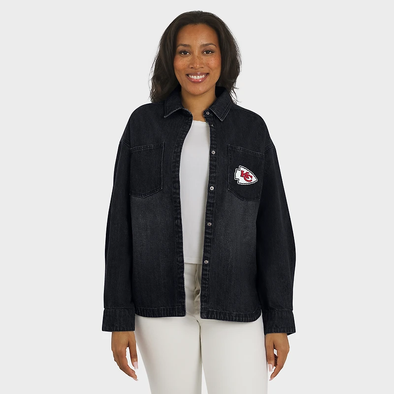 Women's WEAR by Erin Andrews Black Kansas City Chiefs Washed Oversized Denim Full-Snap Shacket
