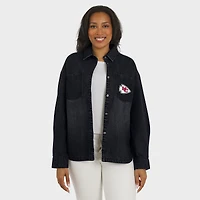 Women's WEAR by Erin Andrews Black Kansas City Chiefs Washed Oversized Denim Full-Snap Shacket