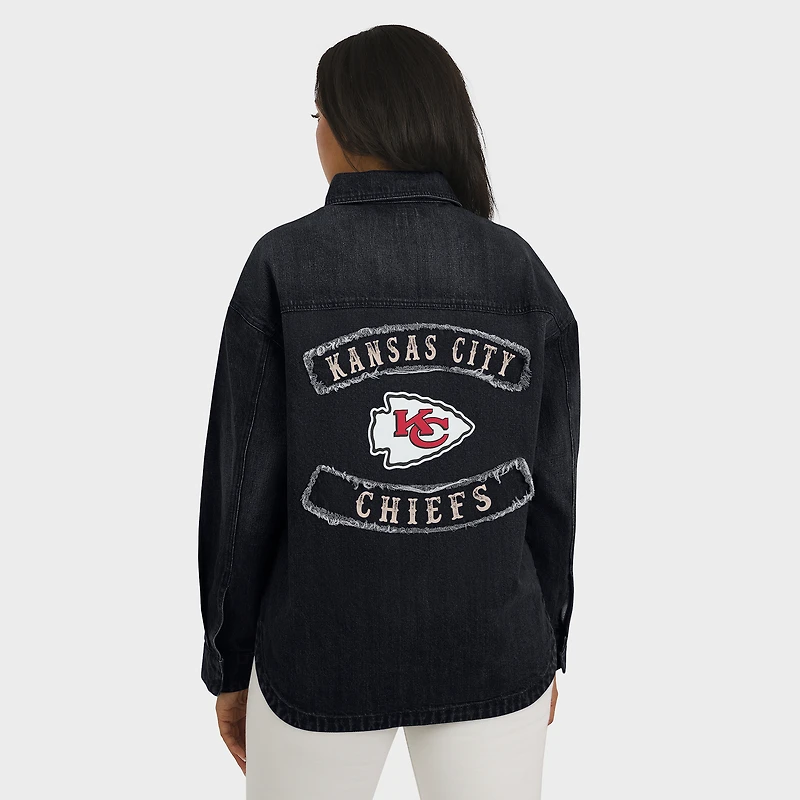 Women's WEAR by Erin Andrews Black Kansas City Chiefs Washed Oversized Denim Full-Snap Shacket