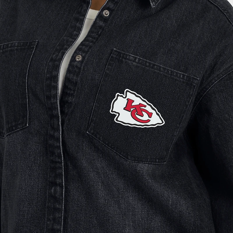 Women's WEAR by Erin Andrews Black Kansas City Chiefs Washed Oversized Denim Full-Snap Shacket