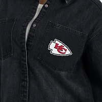 Women's WEAR by Erin Andrews Black Kansas City Chiefs Washed Oversized Denim Full-Snap Shacket